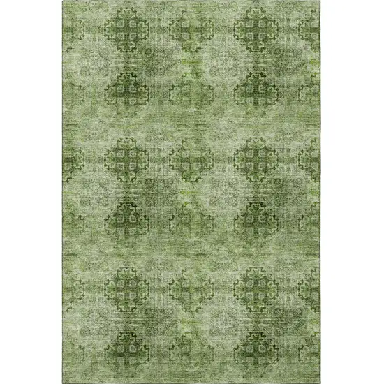 Olive Green And Ivory Floral Medallion Washable Area Rug With UV Protection Photo 4