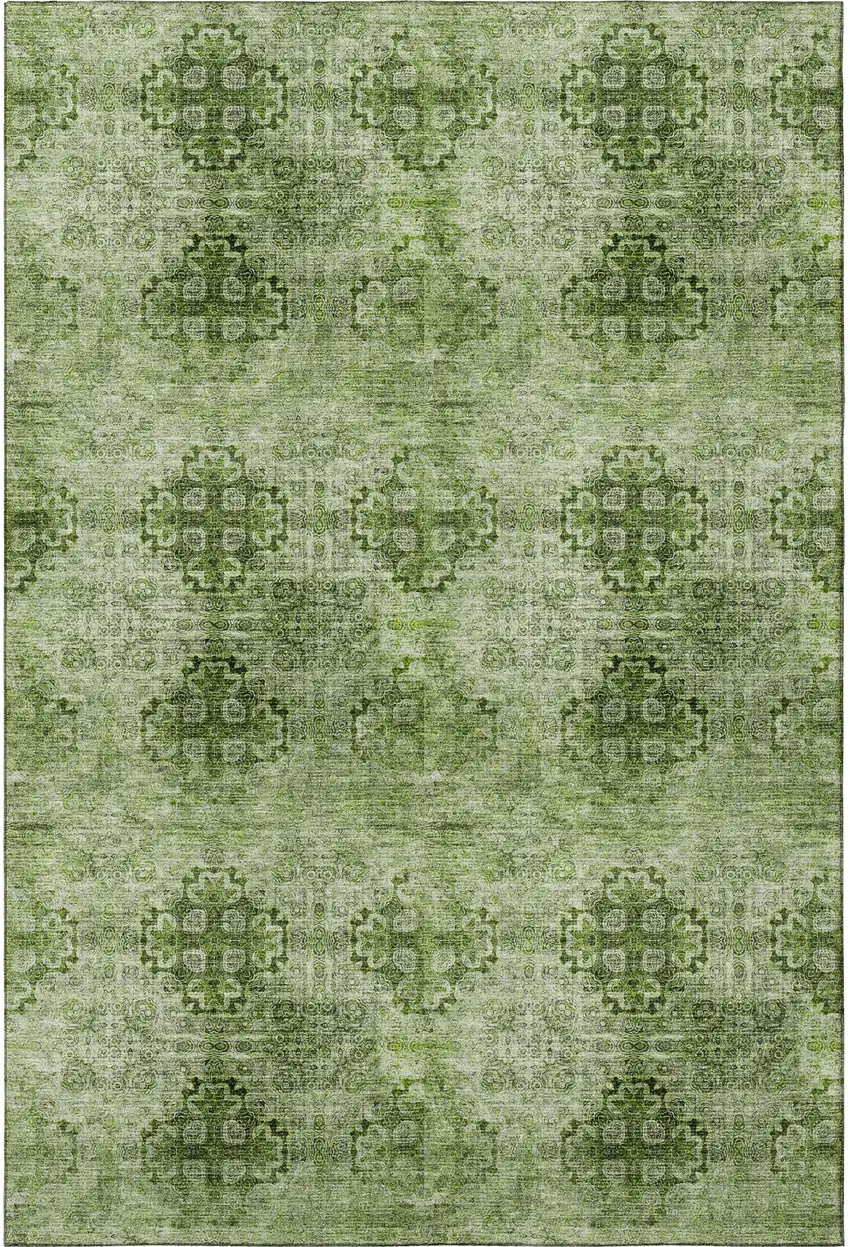 Olive Green And Ivory Floral Medallion Washable Area Rug With UV Protection Photo 4