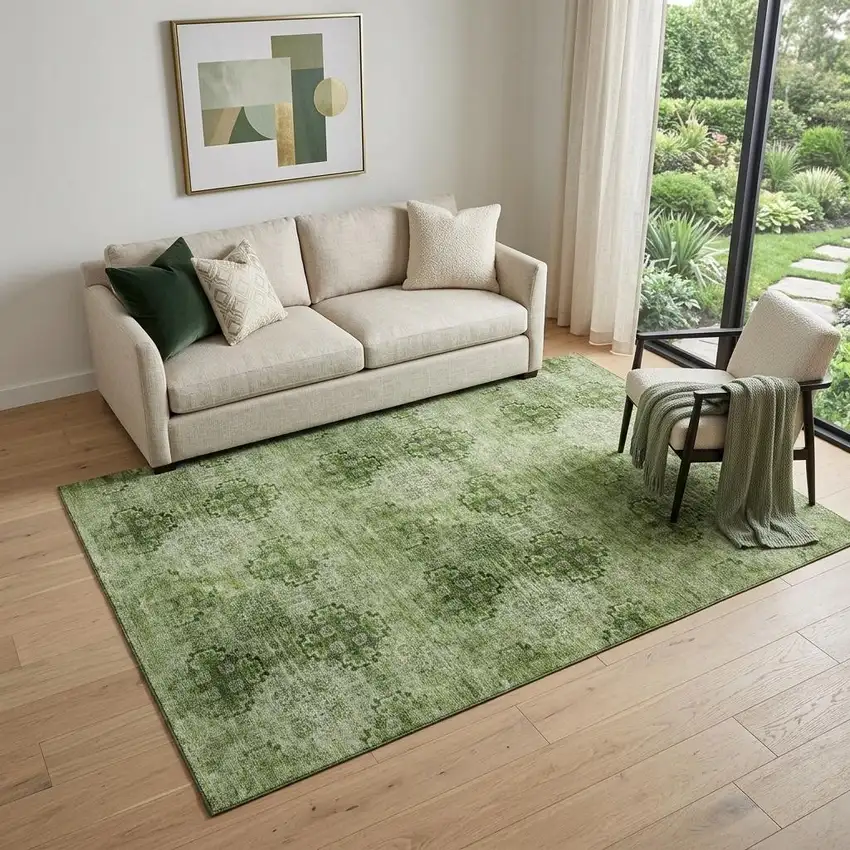 Olive Green And Ivory Floral Medallion Distressed Washable Area Rug With UV Protection Photo 1