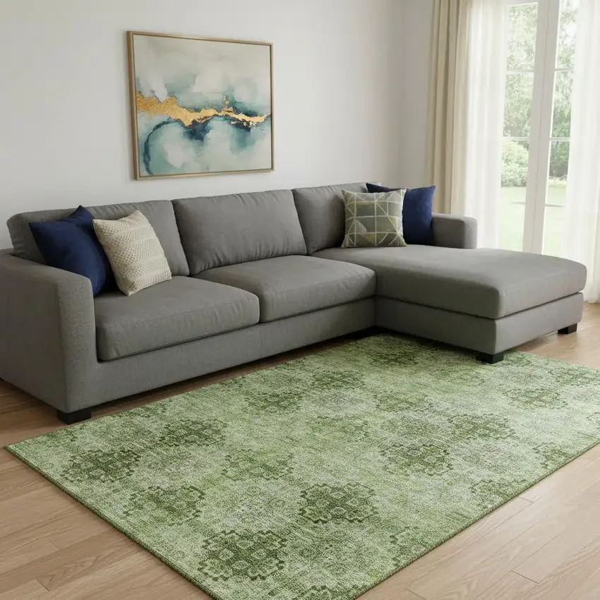 Olive Green And Ivory Floral Medallion Washable Area Rug With UV Protection Photo 1