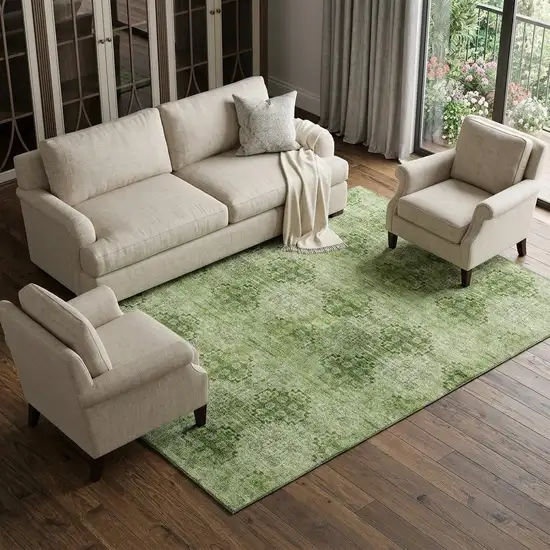 Olive Green And Ivory Floral Medallion Distressed Washable Area Rug With UV Protection Photo 1