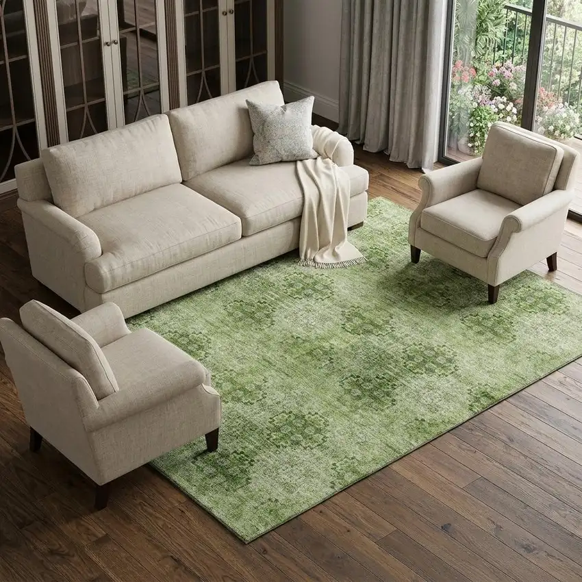 Olive Green And Ivory Floral Medallion Distressed Washable Area Rug With UV Protection Photo 1