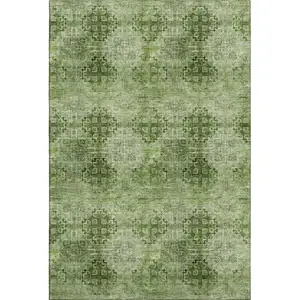 Photo of Olive Green And Ivory Floral Medallion Washable Area Rug With UV Protection