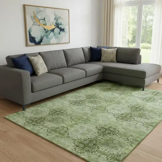 Olive Green And Ivory Floral Medallion Washable Area Rug With UV Protection Photo 1