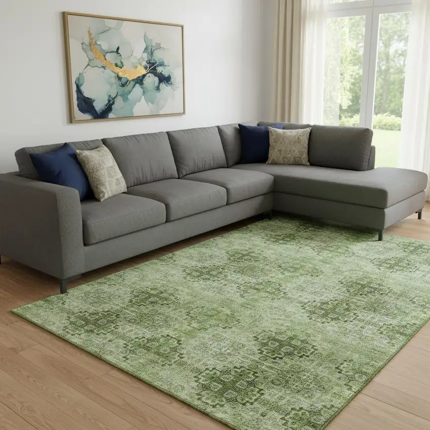 Olive Green And Ivory Floral Medallion Washable Area Rug With UV Protection Photo 1