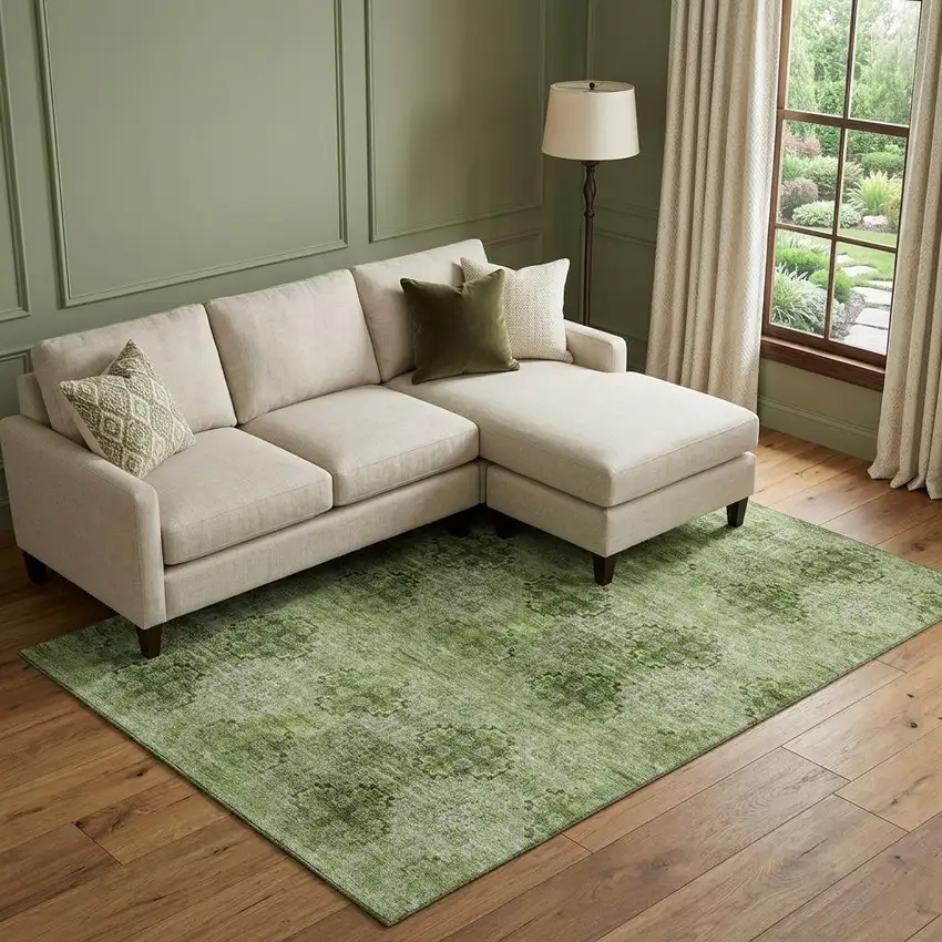 Olive Green And Ivory Floral Medallion Distressed Washable Area Rug With UV Protection Photo 1