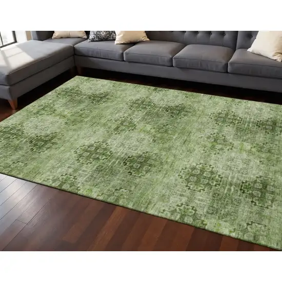 Olive Green And Ivory Floral Medallion Washable Area Rug With UV Protection Photo 2