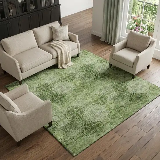 Olive Green And Ivory Floral Medallion Distressed Washable Area Rug With UV Protection Photo 1