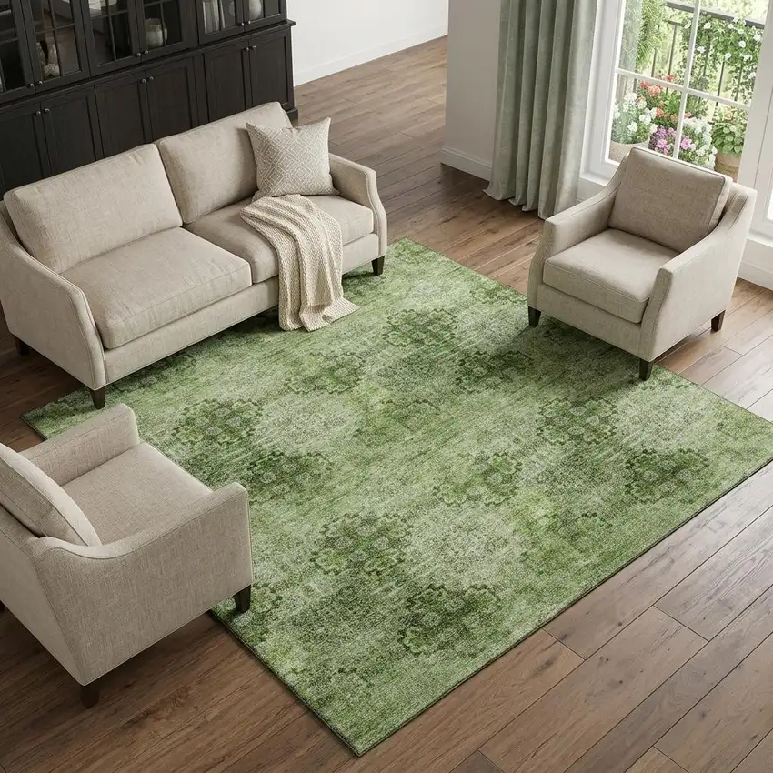 Olive Green And Ivory Floral Medallion Distressed Washable Area Rug With UV Protection Photo 1