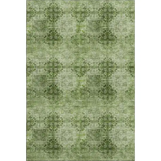 Olive Green And Ivory Floral Medallion Washable Area Rug With UV Protection Photo 1