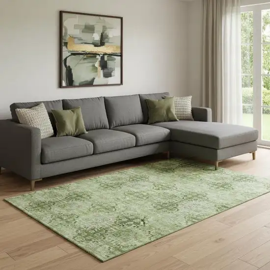 Olive Green And Ivory Floral Medallion Washable Area Rug With UV Protection Photo 1