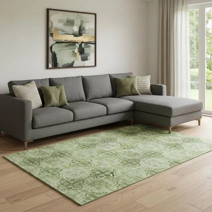 Olive Green And Ivory Floral Medallion Washable Area Rug With UV Protection Photo 1