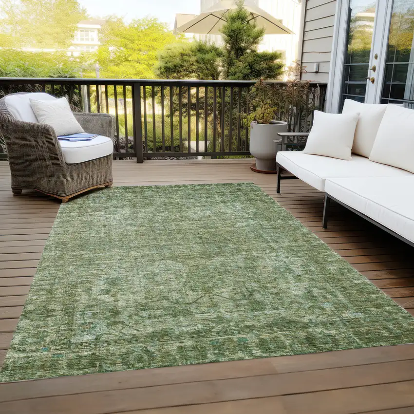 Olive Green And Ivory Floral Medallion Washable Indoor Outdoor Area Rug Photo 8