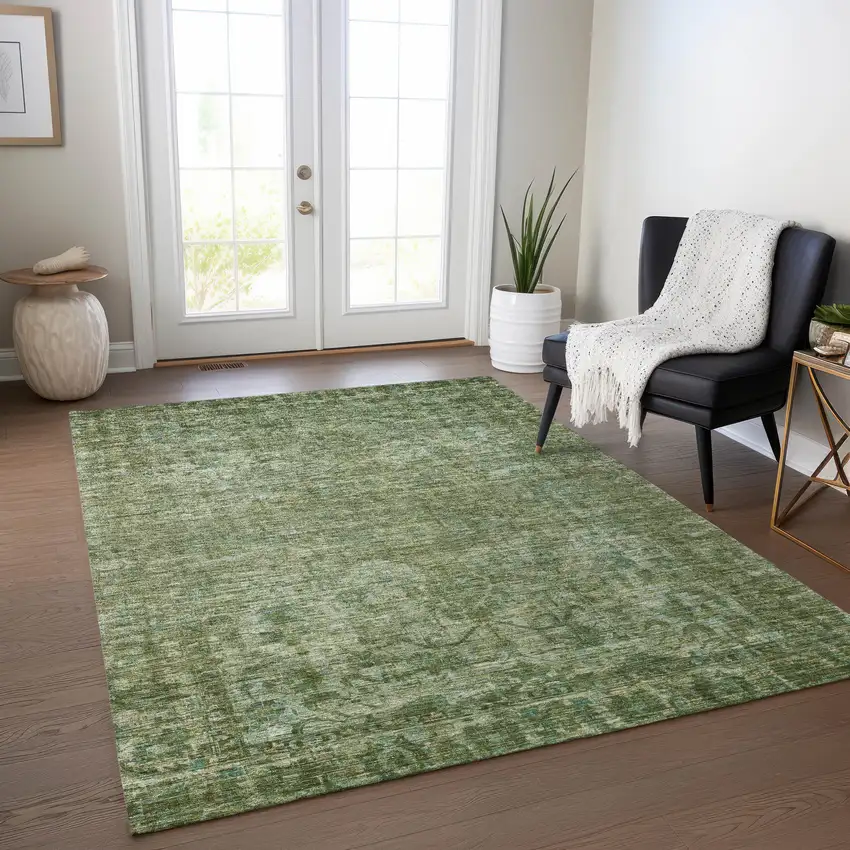Olive Green And Ivory Floral Medallion Washable Indoor Outdoor Area Rug Photo 6