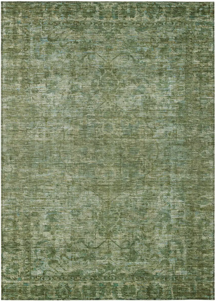 Olive Green And Ivory Floral Medallion Washable Indoor Outdoor Area Rug Photo 1