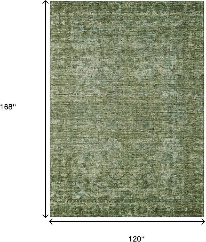 Olive Green And Ivory Floral Medallion Washable Indoor Outdoor Area Rug Photo 9