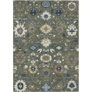 Photo of Olive Green And Ivory Floral Medallion Washable Indoor Outdoor Area Rug