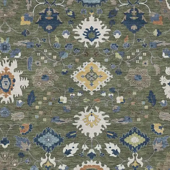 Olive Green And Ivory Floral Medallion Washable Indoor Outdoor Area Rug Photo 2