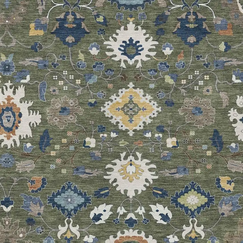 Olive Green And Ivory Floral Medallion Washable Indoor Outdoor Area Rug Photo 2