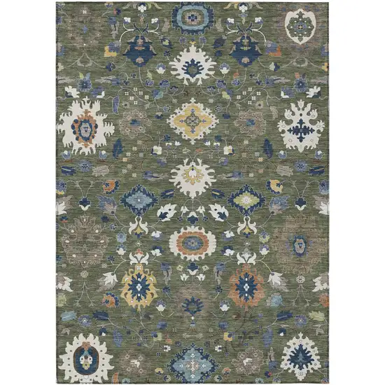 Olive Green And Ivory Floral Medallion Washable Indoor Outdoor Area Rug Photo 1