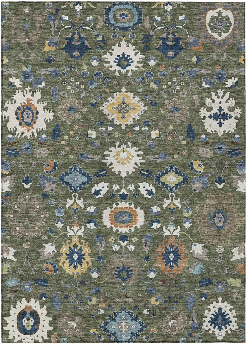 Olive Green And Ivory Floral Medallion Washable Indoor Outdoor Area Rug Photo 1