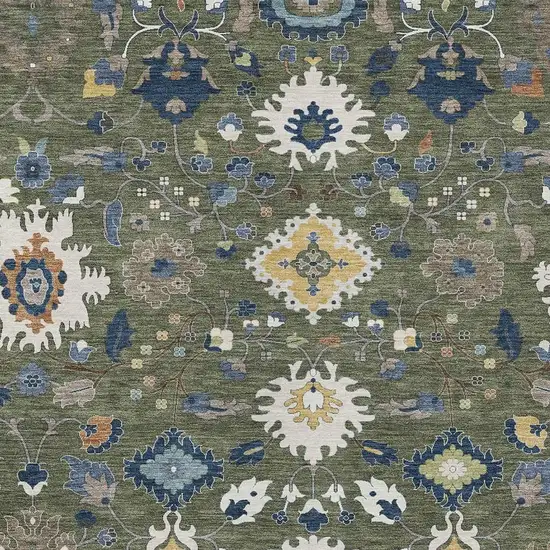 Olive Green And Ivory Floral Medallion Washable Indoor Outdoor Area Rug Photo 2