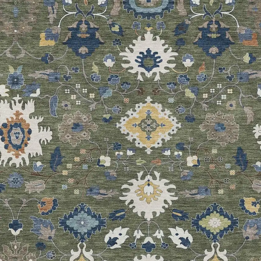 Olive Green And Ivory Floral Medallion Washable Indoor Outdoor Area Rug Photo 2