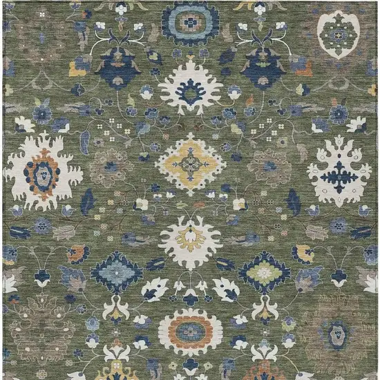 Olive Green And Ivory Floral Medallion Washable Indoor Outdoor Area Rug Photo 3