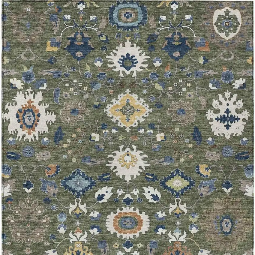 Olive Green And Ivory Floral Medallion Washable Indoor Outdoor Area Rug Photo 3