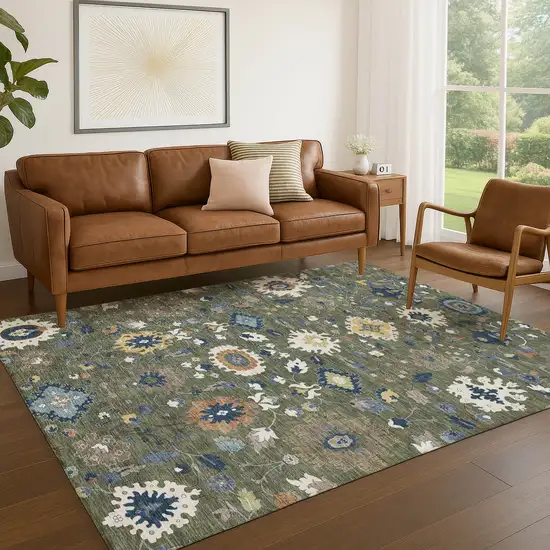 Olive Green And Ivory Floral Medallion Washable Indoor Outdoor Area Rug Photo 5