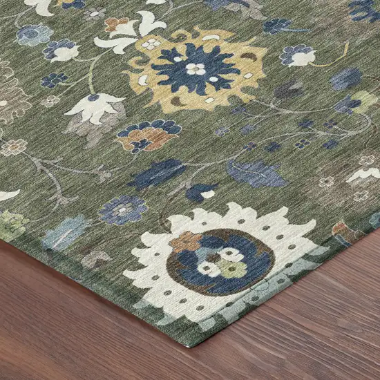 Olive Green And Ivory Floral Medallion Washable Indoor Outdoor Area Rug Photo 8