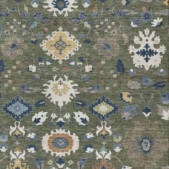 Olive Green And Ivory Floral Medallion Washable Indoor Outdoor Area Rug Photo 2