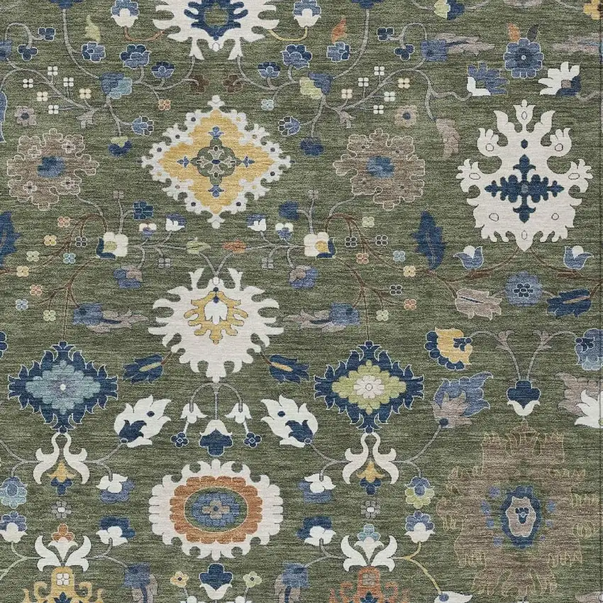 Olive Green And Ivory Floral Medallion Washable Indoor Outdoor Area Rug Photo 2