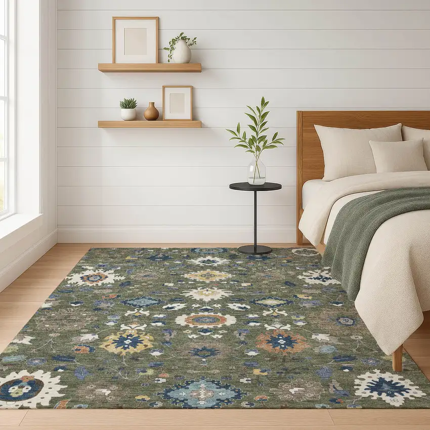 Olive Green And Ivory Floral Medallion Washable Indoor Outdoor Area Rug Photo 6