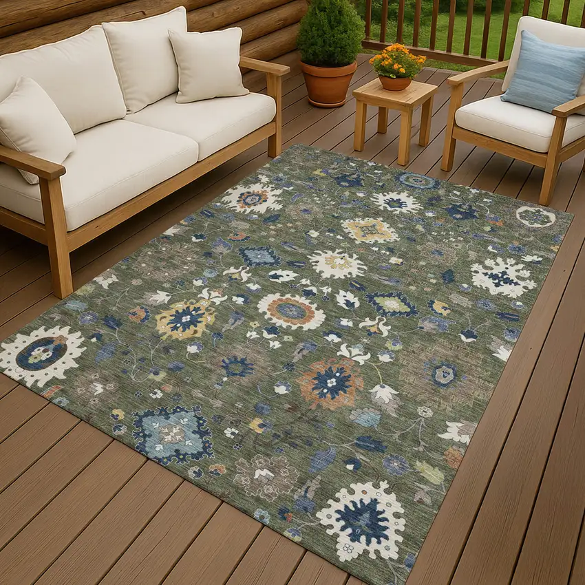 Olive Green And Ivory Floral Medallion Washable Indoor Outdoor Area Rug Photo 4