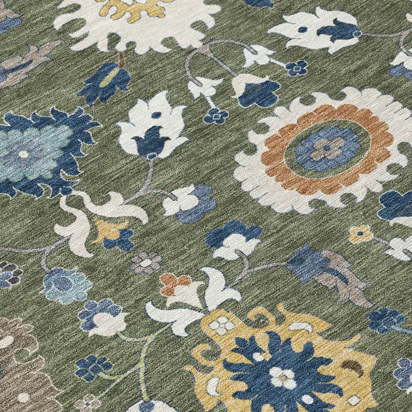 Olive Green And Ivory Floral Medallion Washable Indoor Outdoor Area Rug Photo 9