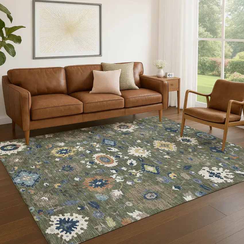 Olive Green And Ivory Floral Medallion Washable Indoor Outdoor Area Rug Photo 5