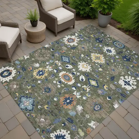 Olive Green And Ivory Floral Medallion Washable Indoor Outdoor Area Rug Photo 7