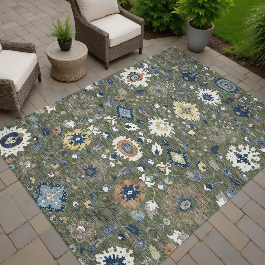 Olive Green And Ivory Floral Medallion Washable Indoor Outdoor Area Rug Photo 7