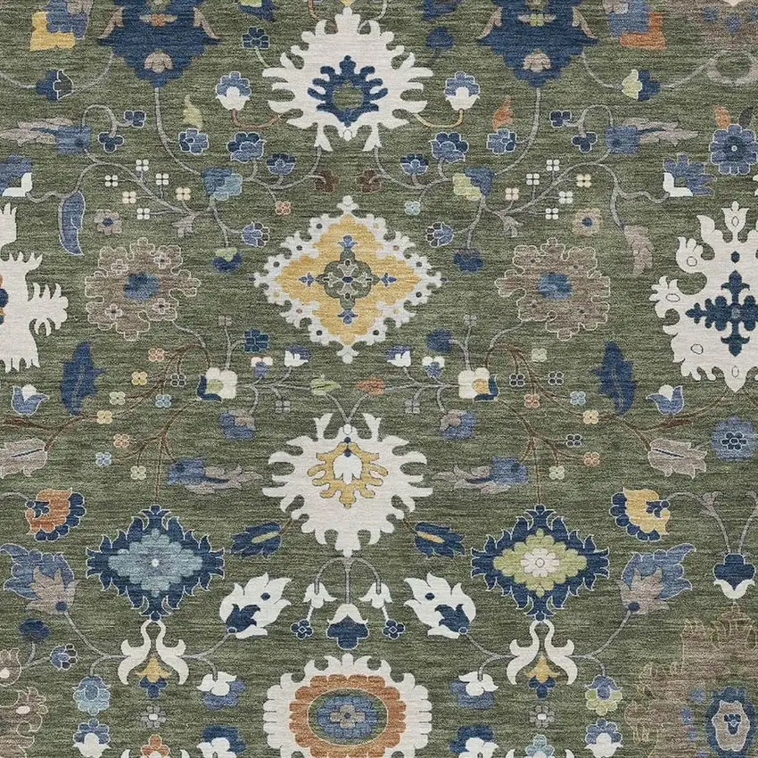 Olive Green And Ivory Floral Medallion Washable Indoor Outdoor Area Rug Photo 2