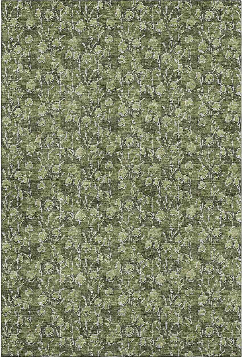 Olive Green And Ivory Floral Washable Area Rug With UV Protection Photo 1