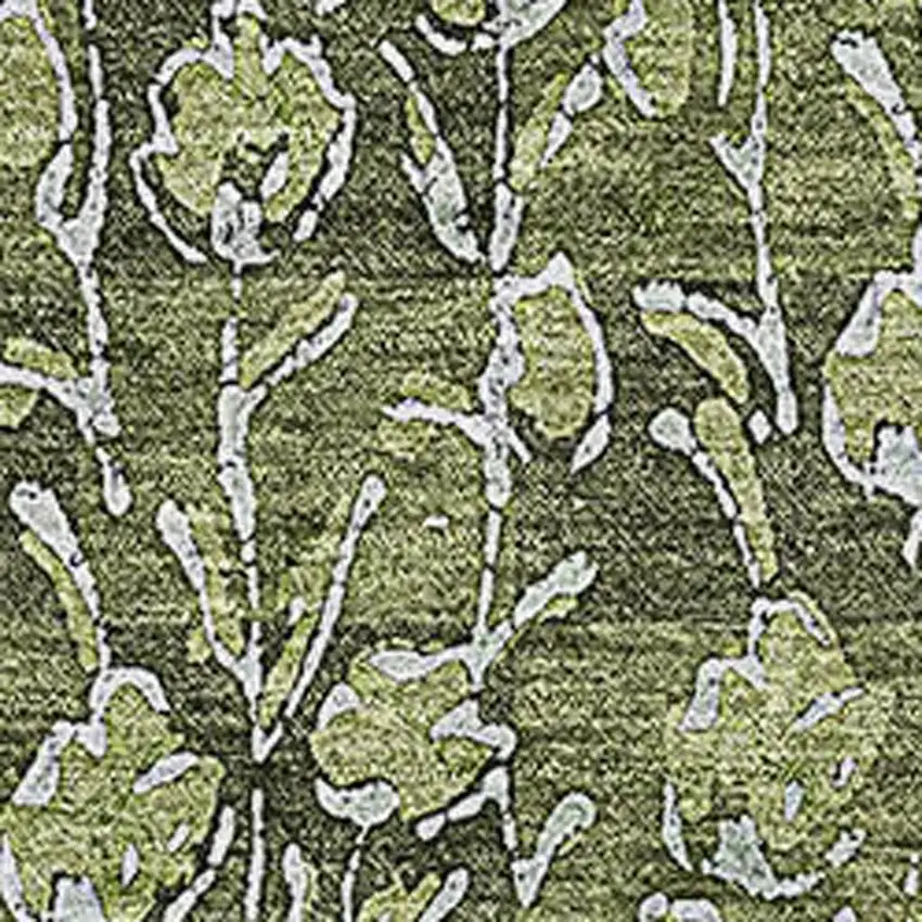 Olive Green And Ivory Floral Washable Area Rug With UV Protection Photo 4