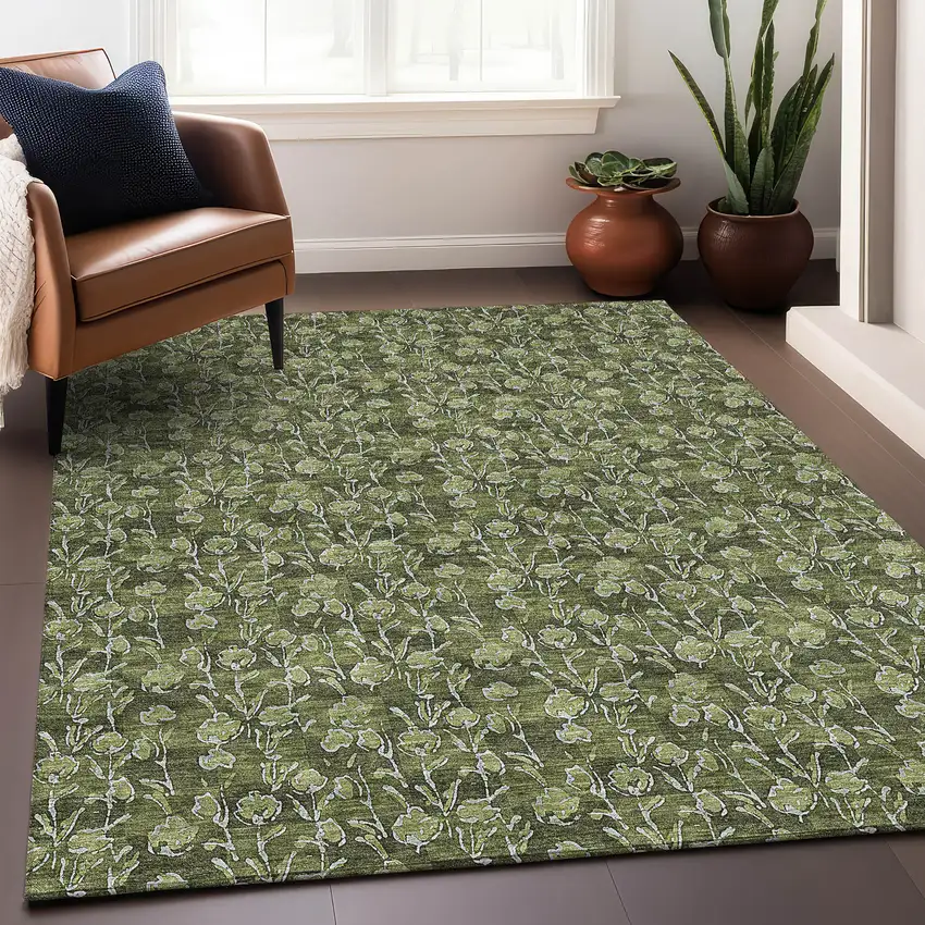 Olive Green And Ivory Floral Washable Area Rug With UV Protection Photo 6
