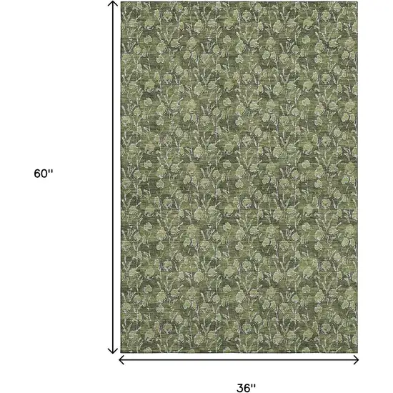 Olive Green And Ivory Floral Washable Area Rug With UV Protection Photo 7