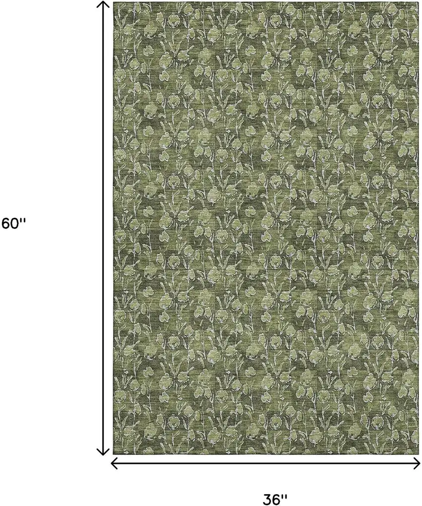 Olive Green And Ivory Floral Washable Area Rug With UV Protection Photo 7