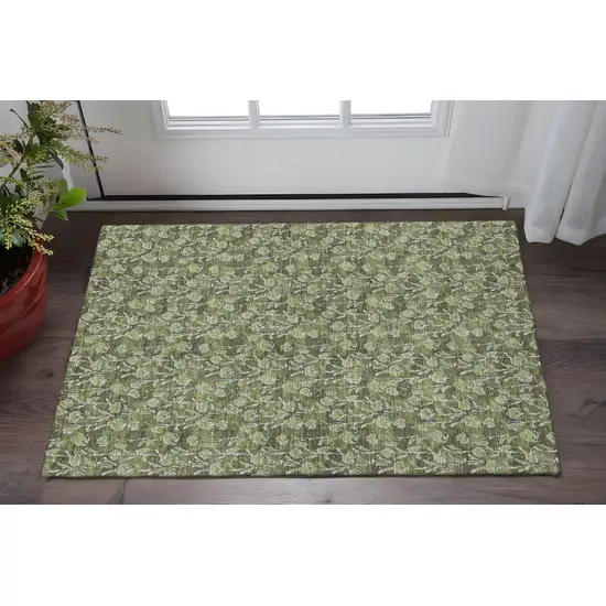 Olive Green And Ivory Floral Washable Area Rug With UV Protection Photo 2
