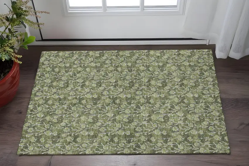 Olive Green And Ivory Floral Washable Area Rug With UV Protection Photo 2