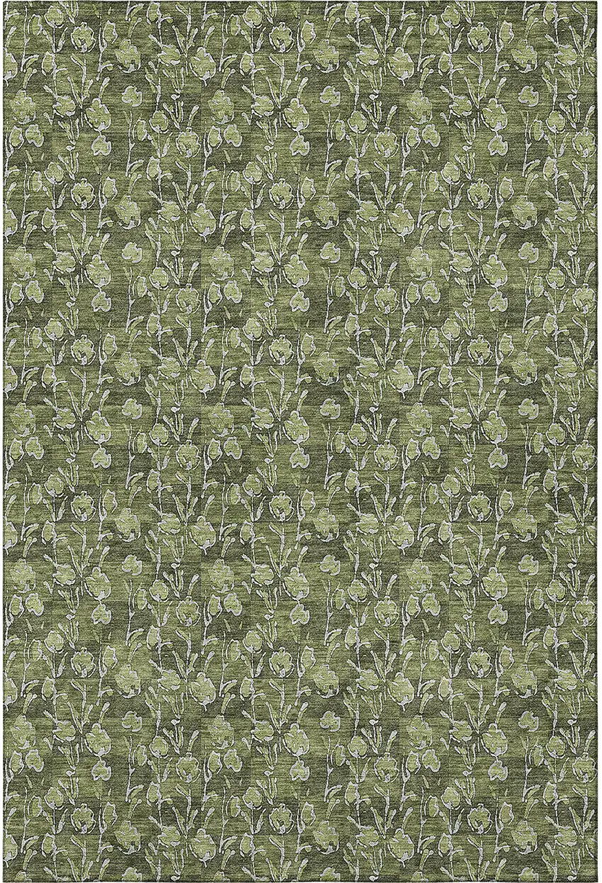 Olive Green And Ivory Floral Washable Area Rug With UV Protection Photo 3