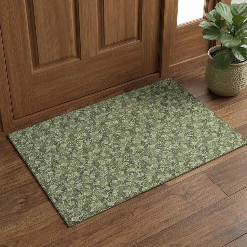 Olive Green And Ivory Floral Washable Area Rug With UV Protection Photo 1