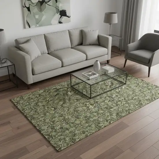 Olive Green And Ivory Floral Washable Area Rug With UV Protection Photo 1